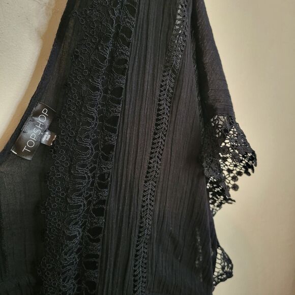 Topshop Kimono Black Lace Trim Tie Waist‎ Double V Beach Cover Small - Picture 5 of 16